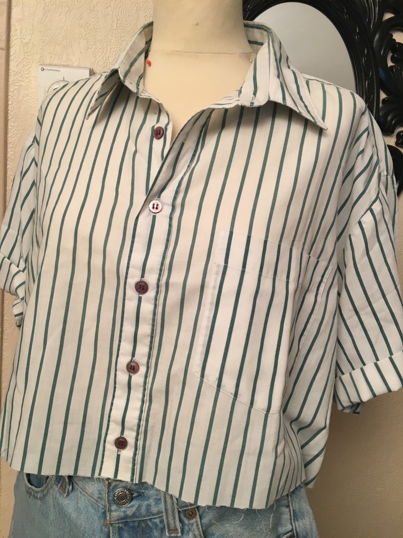 Peut inclure: Une chemise &agrave; manches courtes boutonn&eacute;e &agrave; rayures blanches et vertes avec un ourlet court.