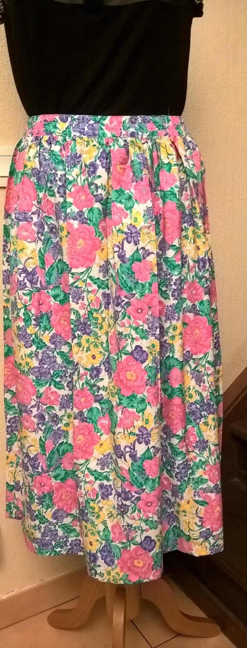 white Made in France vintage clothing girl gift pink green and blue vintage gift Vintage skirt cotton year 80 women gift
