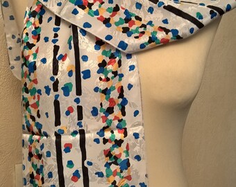 Vintage scarf, in printed viscose, white and blue color, women's scarf, women's gift, vintage gift, vintage accessories
