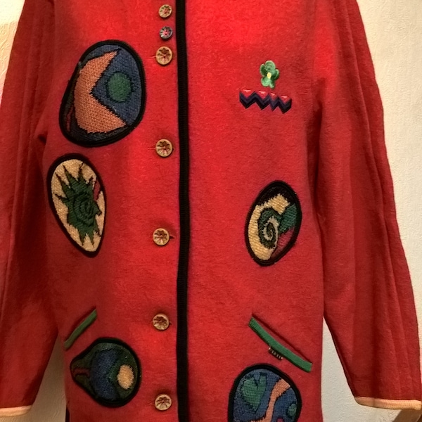Veste vintage,en laine vierge,Couleur rouge,avec des motifs,veste femme,fille,vêtements femme,cadeau femme,la marque GEIGER,Made in Austria