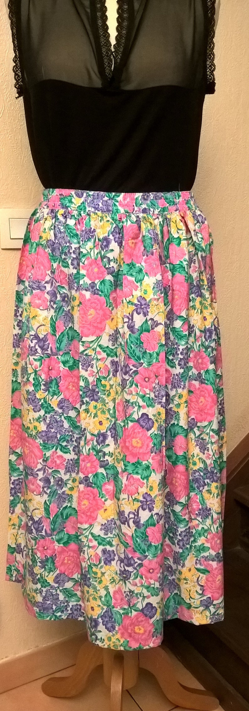 white Made in France vintage clothing girl gift pink green and blue vintage gift Vintage skirt cotton year 80 women gift