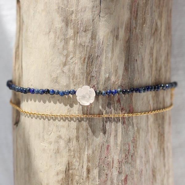 double bracelet lapis lazuli, fleur en quartz