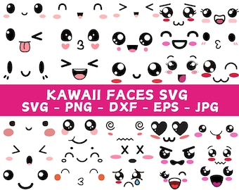 Paquete SVG de caras kawaii, imágenes prediseñadas de emojis de anime (uso comercial)