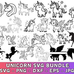May include: A collection of 20 black and white unicorn illustrations. The unicorns are in various poses, including standing, running, and flying. Some unicorns have wings, horns, and stars. The illustrations are perfect for crafting projects, scrapbooking, and digital design.