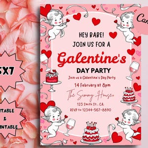 Galentines Day Party Hand Drawn Valentines Invitation, Valentines Day Party, Valentines Invite, Galentines Girls Night Pink Valentines
