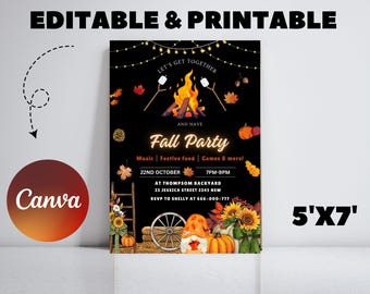Editable Fall Party Invitation: Harvest Festival, Bonfire Invite (5x7) (PDF)