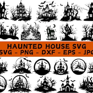 Puede incluir: Un conjunto de 18 archivos de corte SVG en silueta negra y blanca con casas encantadas, árboles y murciélagos. El texto "HAUNTED HOUSE SVG SVG - PNG - DXF - EPS - JPG" está en la parte inferior de la imagen.