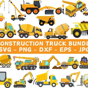 May include: A set of ten yellow construction truck illustrations, including a cement mixer, crane, dump truck, and bulldozer. The illustrations are in a cartoon style and are perfect for use in a variety of projects.