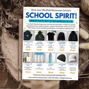 Puede incluir: Un anuncio de la ropa School Spirit de la escuela primaria Westfield. El folleto muestra varios art&iacute;culos de ropa como camisetas de manga corta, sudaderas y sudaderas con capucha, adem&aacute;s de accesorios como bolsas de mano, vasos, botellas de agua, gorros y gorras de b&eacute;isbol.