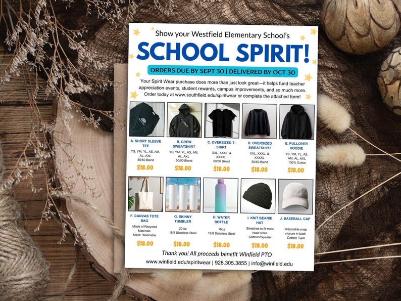 Puede incluir: Un anuncio de la ropa School Spirit de la escuela primaria Westfield. El folleto muestra varios art&iacute;culos de ropa como camisetas de manga corta, sudaderas y sudaderas con capucha, adem&aacute;s de accesorios como bolsas de mano, vasos, botellas de agua, gorros y gorras de b&eacute;isbol.