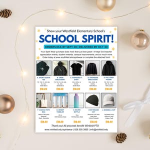 Puede incluir: Un folleto publicitario de Spirit Wear de la escuela primaria Westfield, con ropa y accesorios. Los art&iacute;culos incluyen camisetas de manga corta, sudaderas, sudaderas con capucha, bolsas de mano, botellas de agua, gorros y gorras de b&eacute;isbol. Decorado con adornos dorados y pi&ntilde;as.