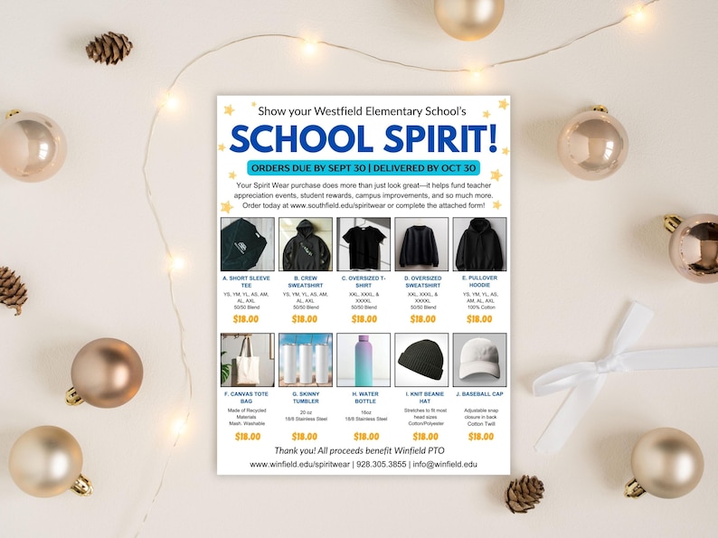 Puede incluir: Un folleto publicitario de Spirit Wear de la escuela primaria Westfield, con ropa y accesorios. Los art&iacute;culos incluyen camisetas de manga corta, sudaderas, sudaderas con capucha, bolsas de mano, botellas de agua, gorros y gorras de b&eacute;isbol. Decorado con adornos dorados y pi&ntilde;as.