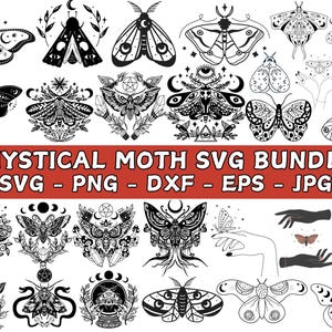 Puede incluir: Un paquete de descarga digital de 25 diseños de polillas místicas en formato SVG. Los diseños presentan polillas con detalles intrincados, incluyendo alas, ojos y antenas. Las polillas están rodeadas de varios elementos, como estrellas, lunas y flores. Los diseños son perfectos para crear manualidades, ropa y decoración del hogar.