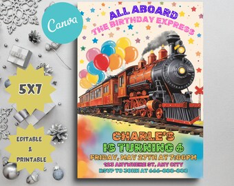 Train Birthday Party Invitation: Express Theme, Editable Template (Digital Download)