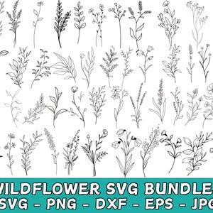 Könnte beinhalten: Ein Set mit 50 Schwarzweiß-Linienzeichnungen von Wildblumen. Die Illustrationen sind einfach und zart und eignen sich perfekt für eine Vielzahl von Projekten, wie z. B. Einladungen, Karten und Scrapbooking-Seiten.