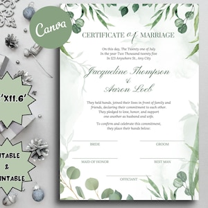 Plantilla de certificado de matrimonio, certificado de boda con vegetación, recuerdo de votos matrimoniales editable, descarga instantánea