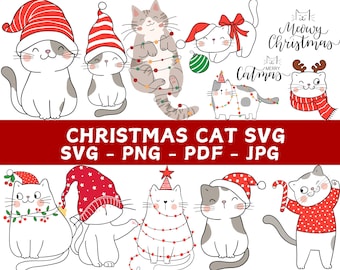 Kerst kat svg bundel, schattige kerst katten png, kat gezicht svg, schattige kat svg gesneden bestanden, kerst svg ontwerpen, kerst kat sublimatie