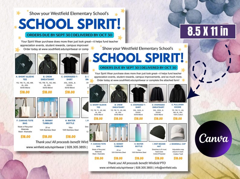 Puede incluir: Dos folletos que promocionan la ropa escolar School Spirit de la escuela primaria Westfield, con art&iacute;culos como camisetas, sudaderas, bolsas de mano, vasos, botellas de agua, gorros y gorras de b&eacute;isbol. Los folletos miden 21,6 x 27,9 cm.