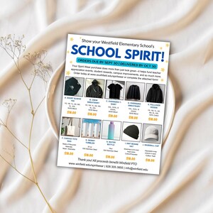 Puede incluir: Un folleto de Spirit Wear de la escuela primaria Westfield, con varias prendas y accesorios. Los art&iacute;culos incluyen camisetas de manga corta, sudaderas, sudaderas con capucha, una bolsa de lona, botellas de agua, gorros y gorras de b&eacute;isbol. El folleto tiene texto que dice "SCHOOL SPIRIT!" y "ORDERS DUE BY SEPT 30 | DELIVERED BY OCT 30".