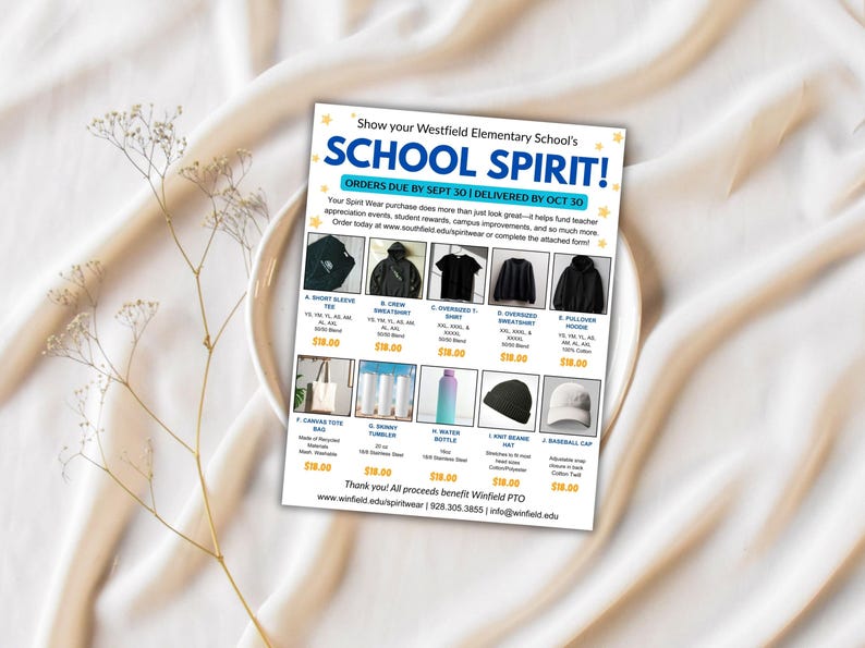 Puede incluir: Un folleto de Spirit Wear de la escuela primaria Westfield, con varias prendas y accesorios. Los art&iacute;culos incluyen camisetas de manga corta, sudaderas, sudaderas con capucha, una bolsa de lona, botellas de agua, gorros y gorras de b&eacute;isbol. El folleto tiene texto que dice "SCHOOL SPIRIT!" y "ORDERS DUE BY SEPT 30 | DELIVERED BY OCT 30".