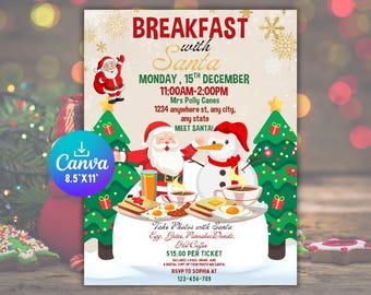 May include: A festive invitation for a "Breakfast with Santa" event. The design features Santa Claus, a snowman, and Christmas trees. The invitation includes event details, such as the date, time, and location, and is sized at 8.5 x 11 inches.