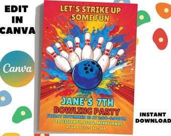 Editable Bowling Birthday Party Invitation Template (Instant Download)