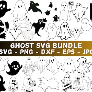 May include: A set of 30 black and white ghost SVG cut files. The ghosts are in various poses, including flying, sitting, and holding books. The text "BOO" is on one of the ghosts. The text "GHOST SVG BUNDLE" is at the top of the image. The text "SVG - PNG - DXF - EPS - JPG" is at the bottom of the image.