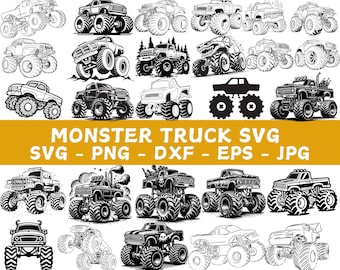 May include: A collection of 20 black and white vector illustrations of monster trucks. The trucks are depicted in various poses, including driving, jumping, and performing stunts. The illustrations are perfect for use in designs, crafts, and other creative projects.