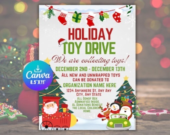 May include: A festive holiday toy drive flyer with a white background, featuring red and green text. The flyer includes Christmas-themed illustrations of Santa on a train, a car with a snowman, and holiday decorations. The text reads "Holiday Toy Drive" and details for donations.