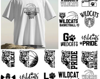 May include: A set of 12 black and white digital designs featuring the word "Wildcats" with various sports-related imagery, including basketballs, paw prints, and a tiger. The designs are perfect for creating t-shirts, mugs, and other personalized items.