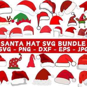 Può includere: Una collezione di 30 cappelli di Babbo Natale rossi e bianchi in vari stili, tra cui cappelli da elfo, con il testo "SANTA HAT SVG BUNDLE SVG - PNG - DXF - EPS - JPG" in alto.