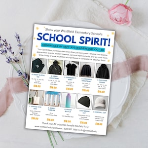 Puede incluir: Un folleto que promociona la ropa de esp&iacute;ritu de la escuela primaria Westfield, con varias prendas y accesorios. Los art&iacute;culos incluyen camisetas de manga corta, sudaderas, sudaderas con capucha, bolsas de mano, vasos, botellas de agua, gorros y gorras de b&eacute;isbol. Pedidos antes del 30 de septiembre, entrega el 30 de octubre.