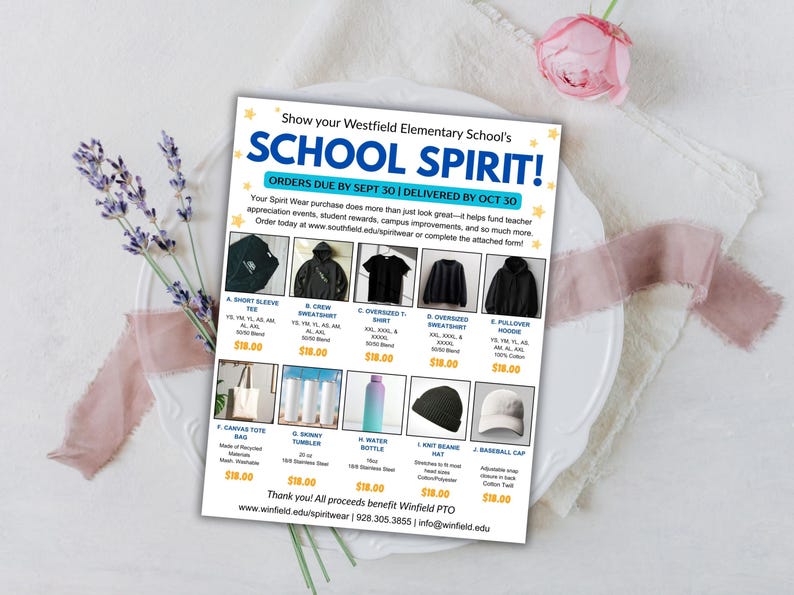 Puede incluir: Un folleto que promociona la ropa de esp&iacute;ritu de la escuela primaria Westfield, con varias prendas y accesorios. Los art&iacute;culos incluyen camisetas de manga corta, sudaderas, sudaderas con capucha, bolsas de mano, vasos, botellas de agua, gorros y gorras de b&eacute;isbol. Pedidos antes del 30 de septiembre, entrega el 30 de octubre.