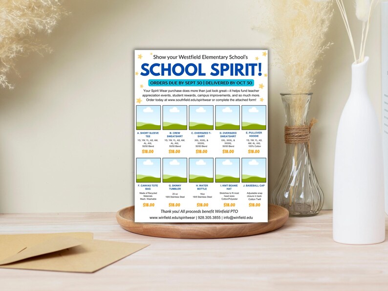 Puede incluir: Un folleto impreso para la ropa de School Spirit de la escuela primaria Westfield. El folleto muestra varias opciones de ropa, incluyendo camisetas de manga corta, sudaderas y una bolsa de lona. El texto dice "ORDERS DUE BY SEPT 30 DELIVERED BY OCT 30".