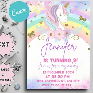 Modèle d'invitation numérique fête d'anniversaire de licorne arc-en-ciel fille, carte de fête électronique femme numérique imprimable, carte modifiable