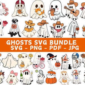 Cute Ghost Halloween svg Bundle, Retro Ghost png, Retro Floral Ghost png, Dog Ghost svg, Ghost Reading svg, Spooky Season, Halloween png
