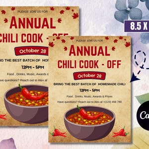 May include: Two flyers advertising an "Annual Chili Cook-Off", each showing a bowl of chili with a red pepper. The beige flyers have red text, the date, time, and event details. The flyers are 21.6 x 27.9 cm.