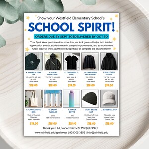 Puede incluir: Folleto promocional de Westfield Elementary School's School Spirit, con camisetas, sudaderas, sudaderas con capucha, bolsas de mano, botellas de agua, gorros y gorras de b&eacute;isbol. Pedidos antes del 30 de septiembre.