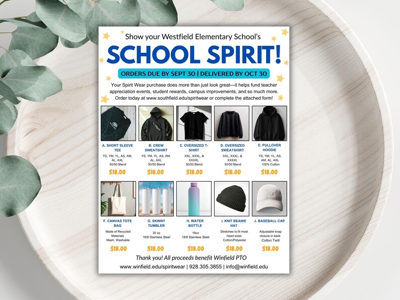 Puede incluir: Folleto promocional de Westfield Elementary School's School Spirit, con camisetas, sudaderas, sudaderas con capucha, bolsas de mano, botellas de agua, gorros y gorras de b&eacute;isbol. Pedidos antes del 30 de septiembre.