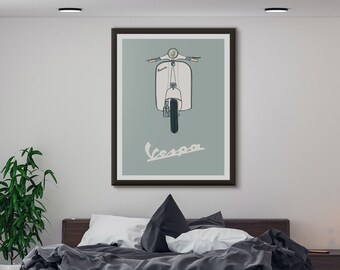 Vespa Scooter Gift, Wall Art, High Quality Giclée Poster Print. Retro Hand Drawn Illustration, GS Grand Sport White