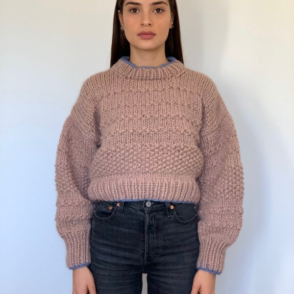 Pull sweater vieux rose en laine tricoté main