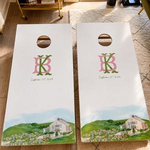 Custom Wedding Monogram Cornhole Boards Set, personalized wedding gift, and perfect groomsman gift. This custom cornhole set includes monogram cornhole with bags, custom logo boards and a wedding decal. Ideal for backyard games, this custom game board features premium cornhole boards, cornhole board, corn hole boards, customboards and a cornhole score board. Includes two white wooden boards with a pink and green KB monogram and the date September 17, 2024.