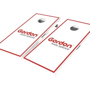 May include: Two white cornhole boards with red trim and the logo "Gordon Food Service" printed in red.