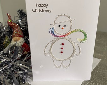 Handmade Christmas card, snowman.  hand sewn hand stitched