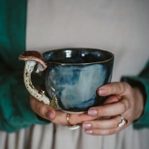 Handmade Ceramic Mushroom Mug: Cottagecore Stoneware Coffee Cup Midnight Fjord