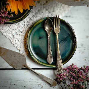 Handmade Ceramic Plate 12cm  – Forest Green Abstract Glaze • Small Artisan Dish • Jewelry or Dessert Plate • Limited Edition Pottery