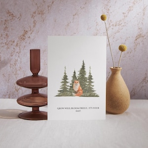 Carte d'anniversaire renard - voeux d'animaux de la forêt des bois, art aquarelle nature rustique, carte renard confortable pour les amoureux de la nature