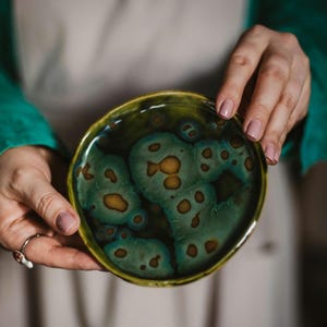 Handmade Ceramic Plate: Forest Green Abstract Glaze, Small Pottery Dish
