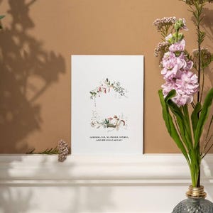 Carte d'anniversaire lunatique des bois - aquarelle art de la nature, voeux botaniques de champignons de la forêt, carte artisanale rustique