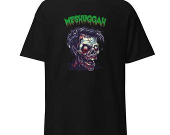 Może przedstawiać: Czarny T-shirt z zielonym napisem "Meshuggah" i grafiką zombie z zielonymi oczami i czerwoną krwią.